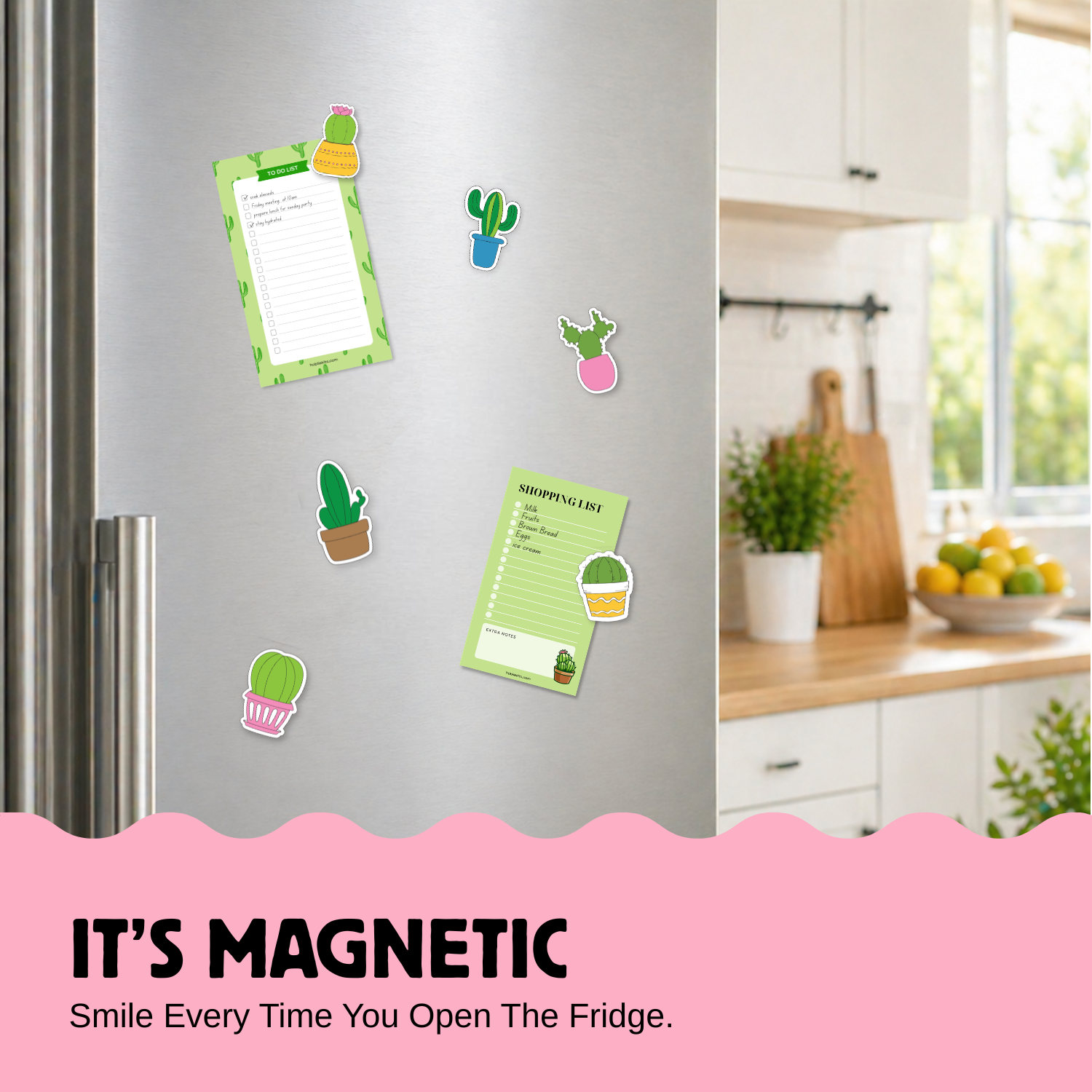 cactus fridge magnets on refrigerator with mini to do list and shopping planner DIY craft kit home decor kitchen aesthetic