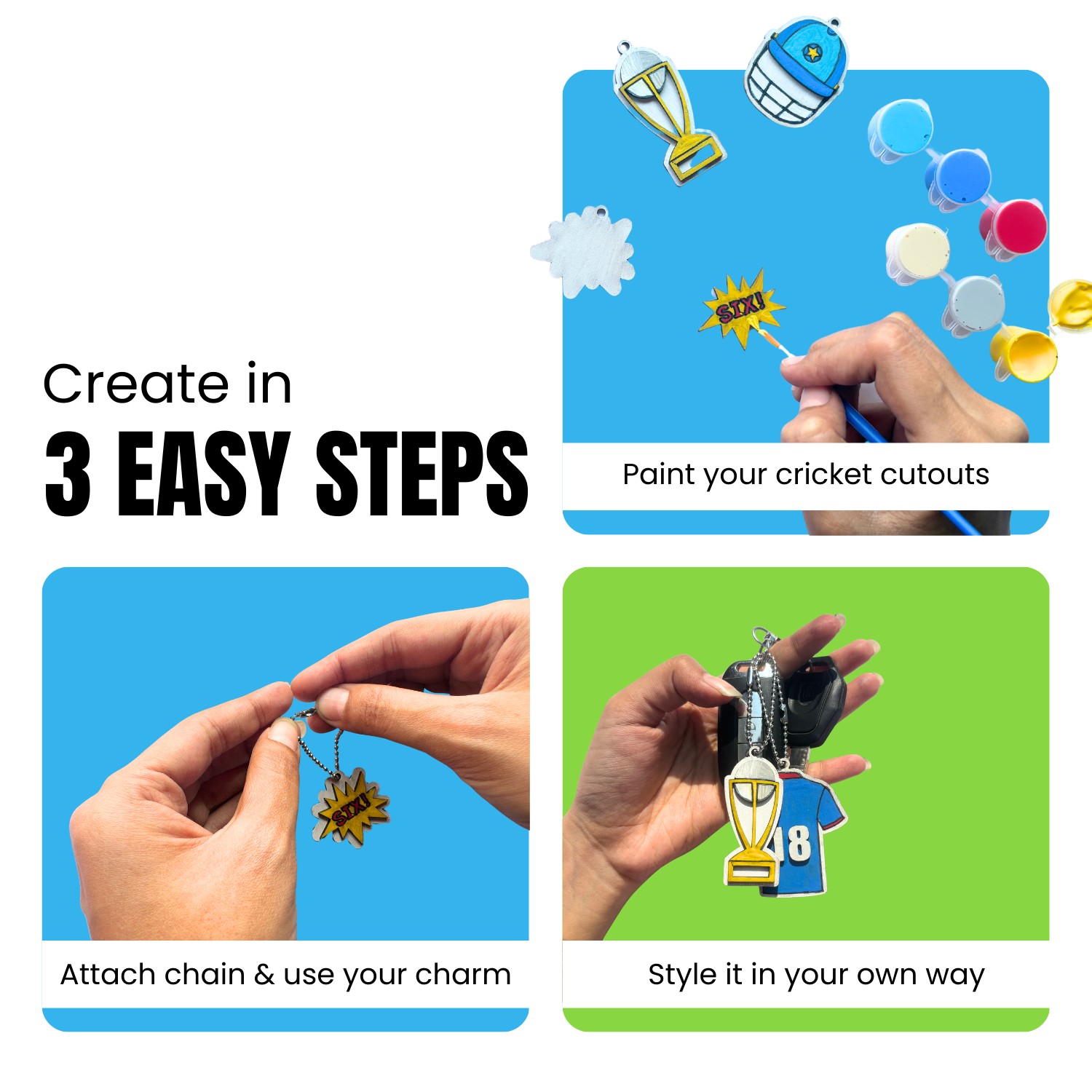 Step-by-step guide to creating a charm with cricket-themed cutouts, painting, attaching chain, and styling.