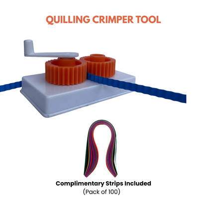 Quilling crimper tool with a colorful strip of paper on a white background