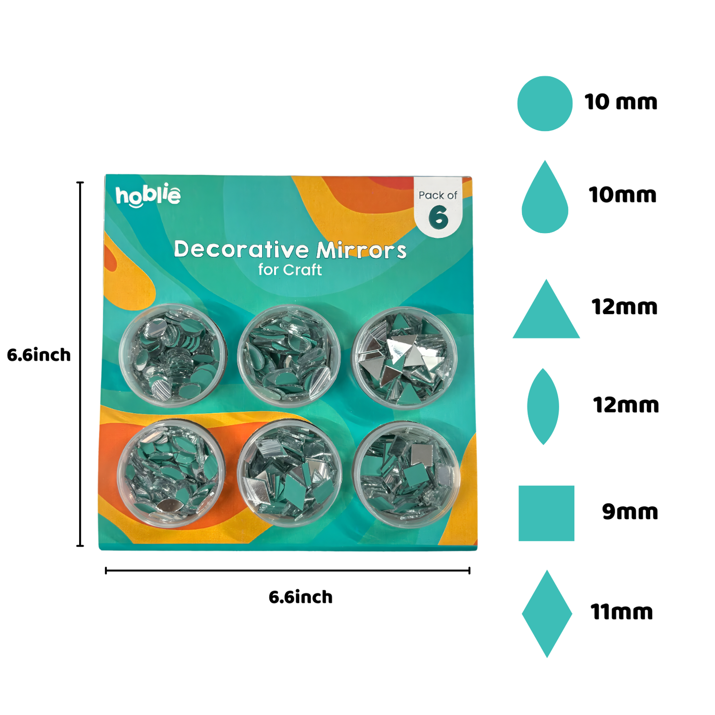 Pack of decorative mirrors for craft with dimensions and size chart.