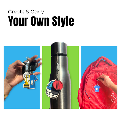 Promotional graphic for creating and carrying personalized style items with a hand holding a keychain, a water bottle, and a backpack.