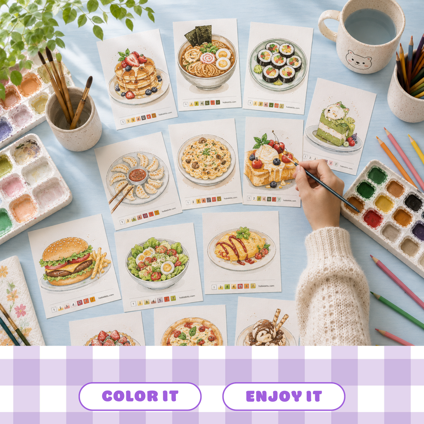 Food-themed paint by number cards spread on a desk, fun painting hobby and relaxing creative activity for adults