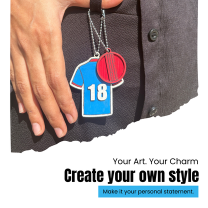 blue shirt and red circle pendant on a dark fabric background