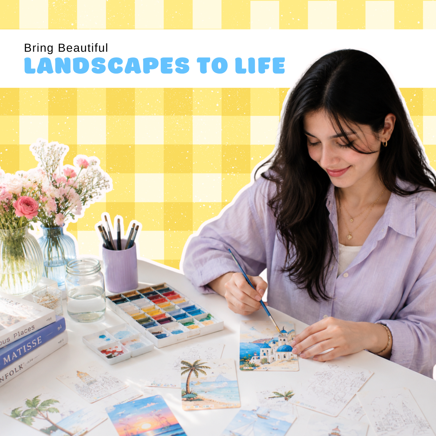 Woman painting landscape paint by number cards creative hobby and stress relief activity