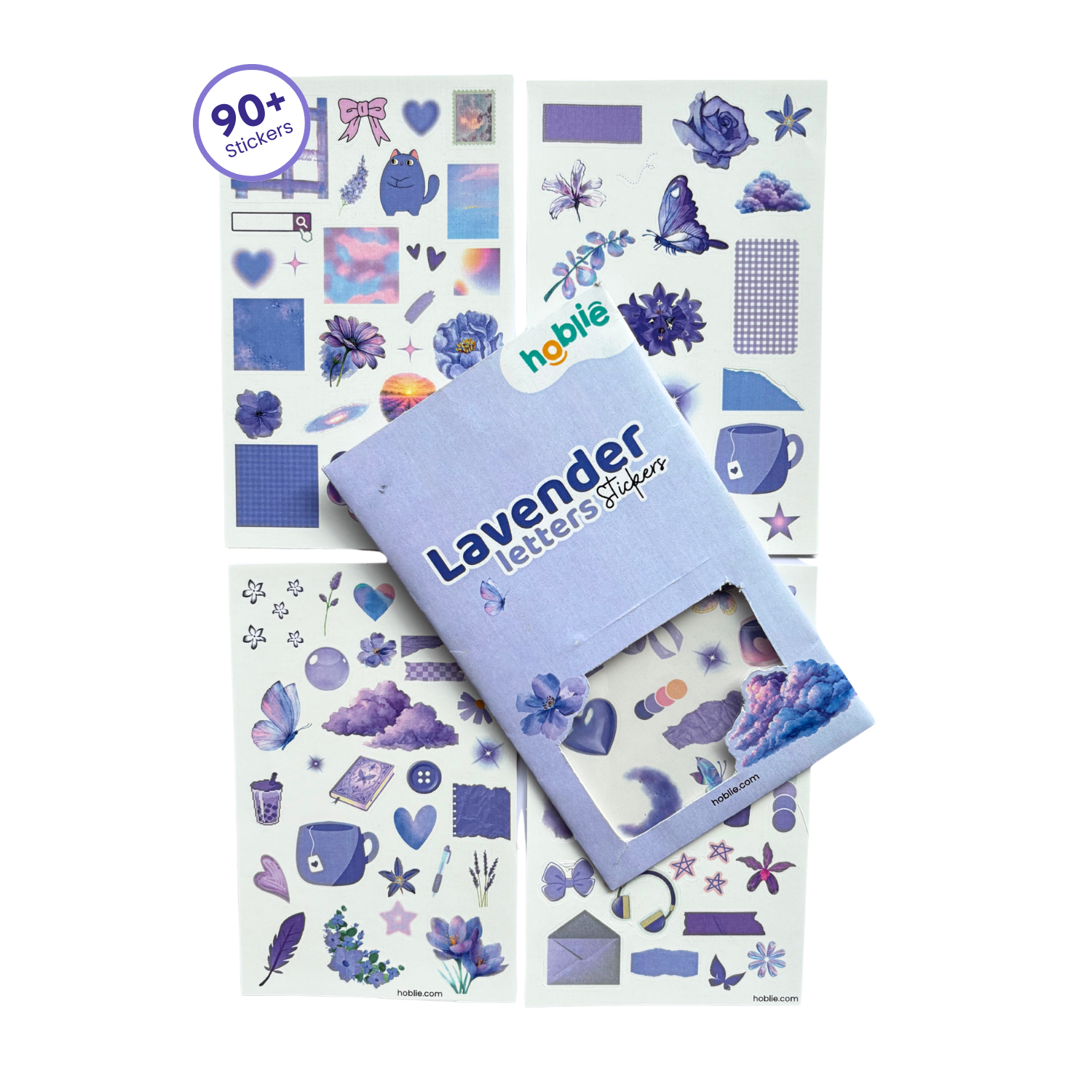 Pack of lavender-themed stickers with a purple notebook labeled 'hobie' on a white background.