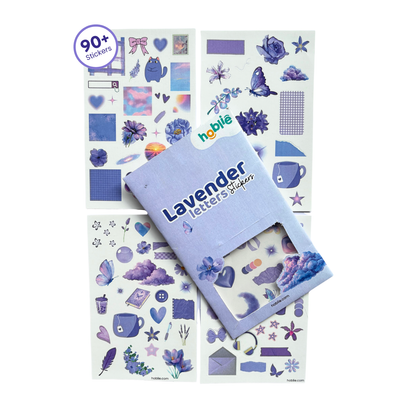 Pack of lavender-themed stickers with a purple notebook labeled 'hobie' on a white background.