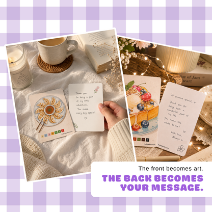 Finished paint by number card with handwritten message on the back, creative greeting card and personalized gift idea