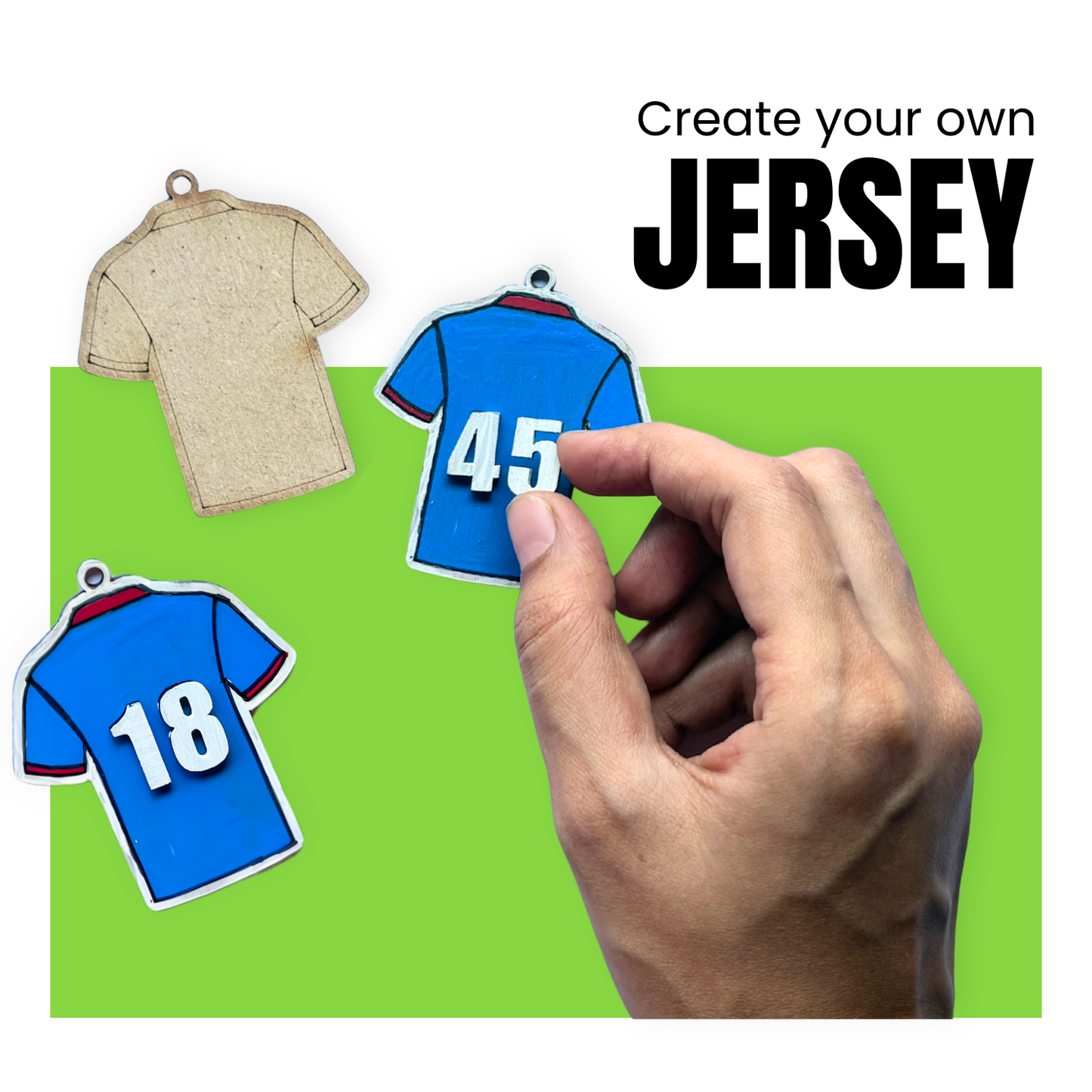 Hand holding a blue jersey with number 18 against a green background with text 'Create your own JERSEY'.
