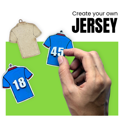 Hand holding a blue jersey with number 18 against a green background with text 'Create your own JERSEY'.