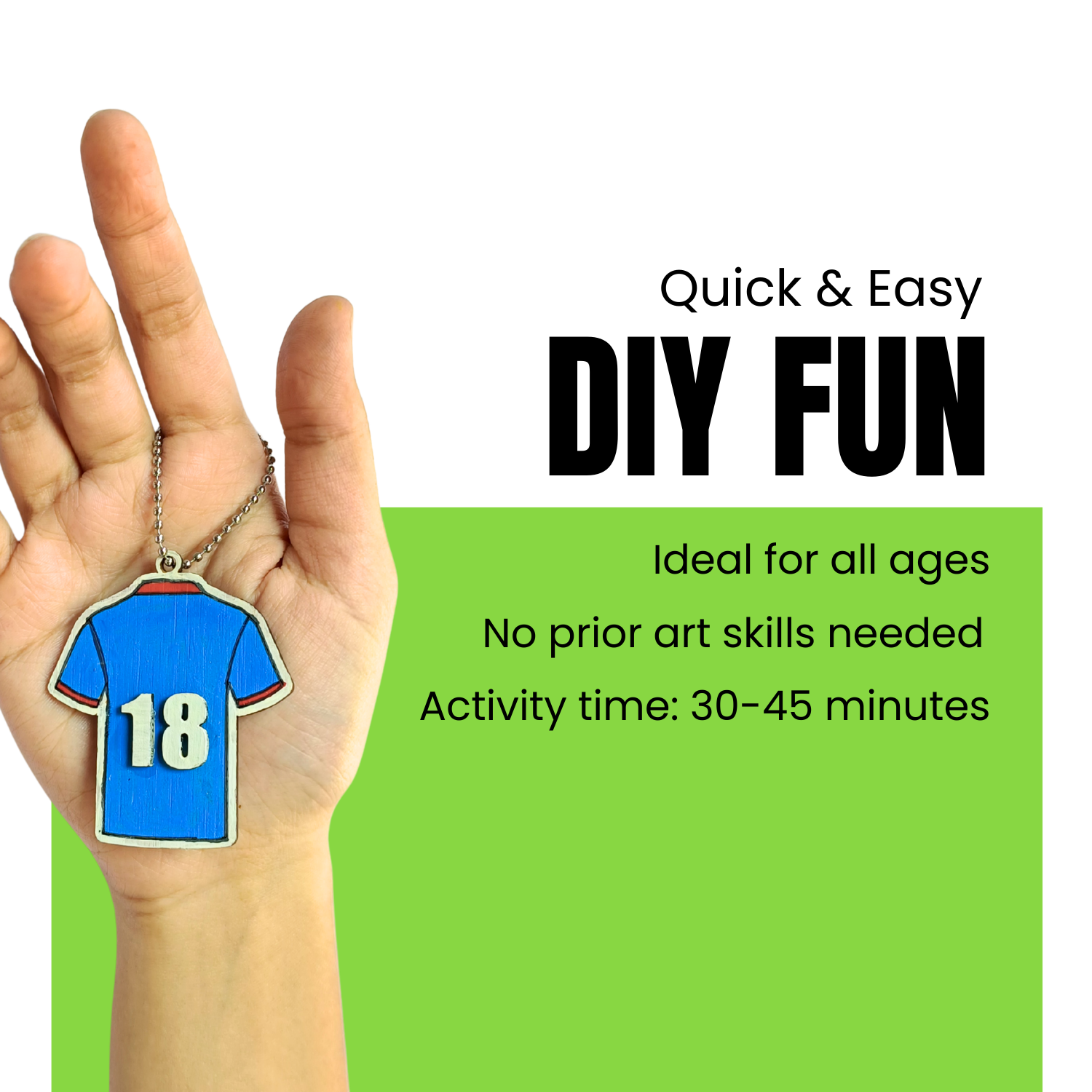 Hand holding a blue keychain with number 18 against a green background with text about DIY activities.
