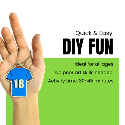 Hand holding a blue keychain with number 18 against a green background with text about DIY activities.