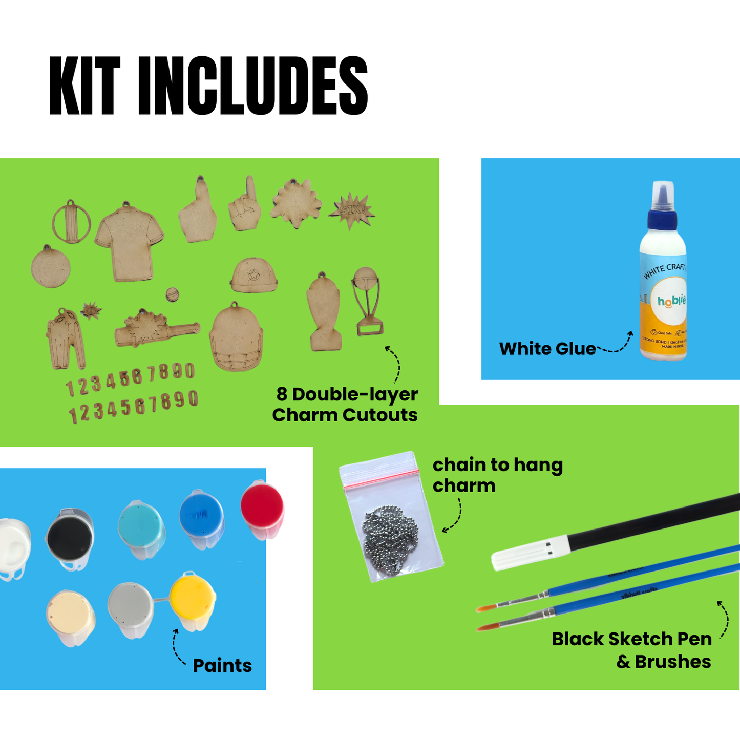 Craft kit contents including charm cutouts, white glue, paints, a chain, and art supplies on a green background.