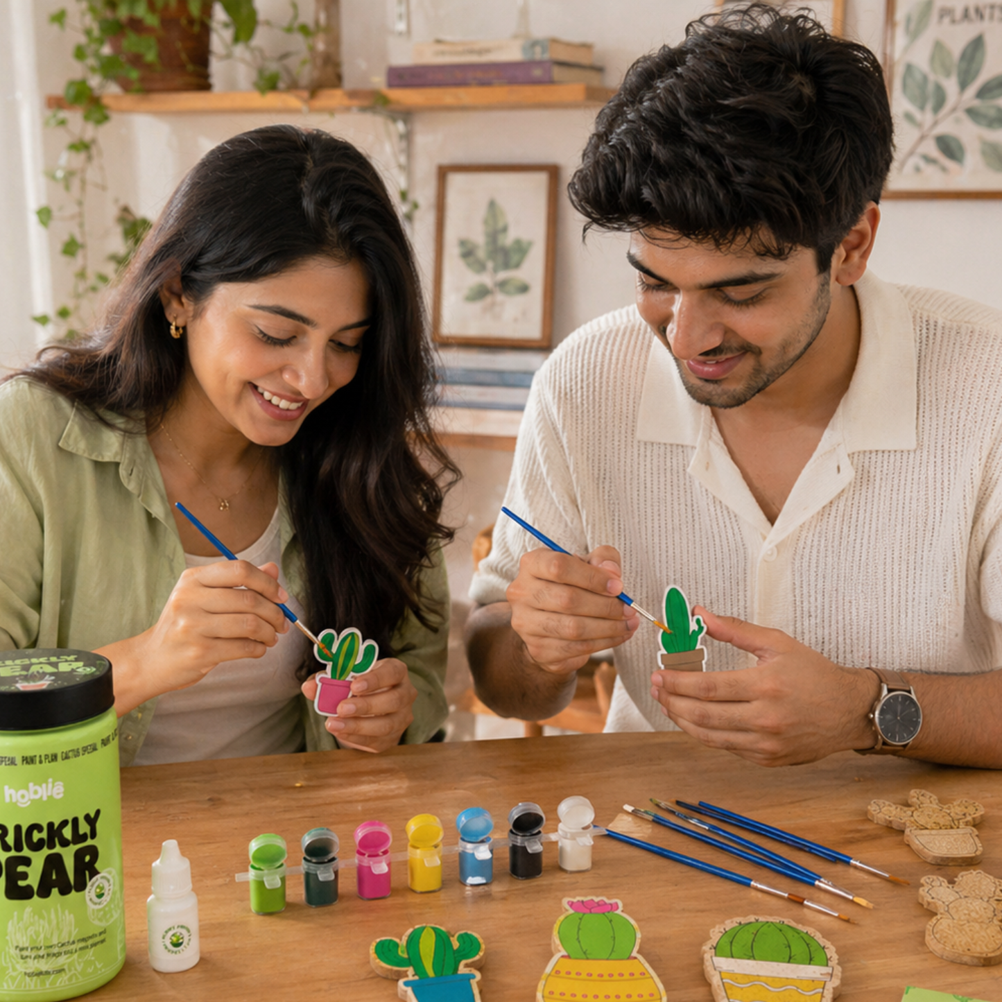 young adults painting cactus fridge magnets using DIY craft kit with paints brushes and cutouts creative hobby activity at home