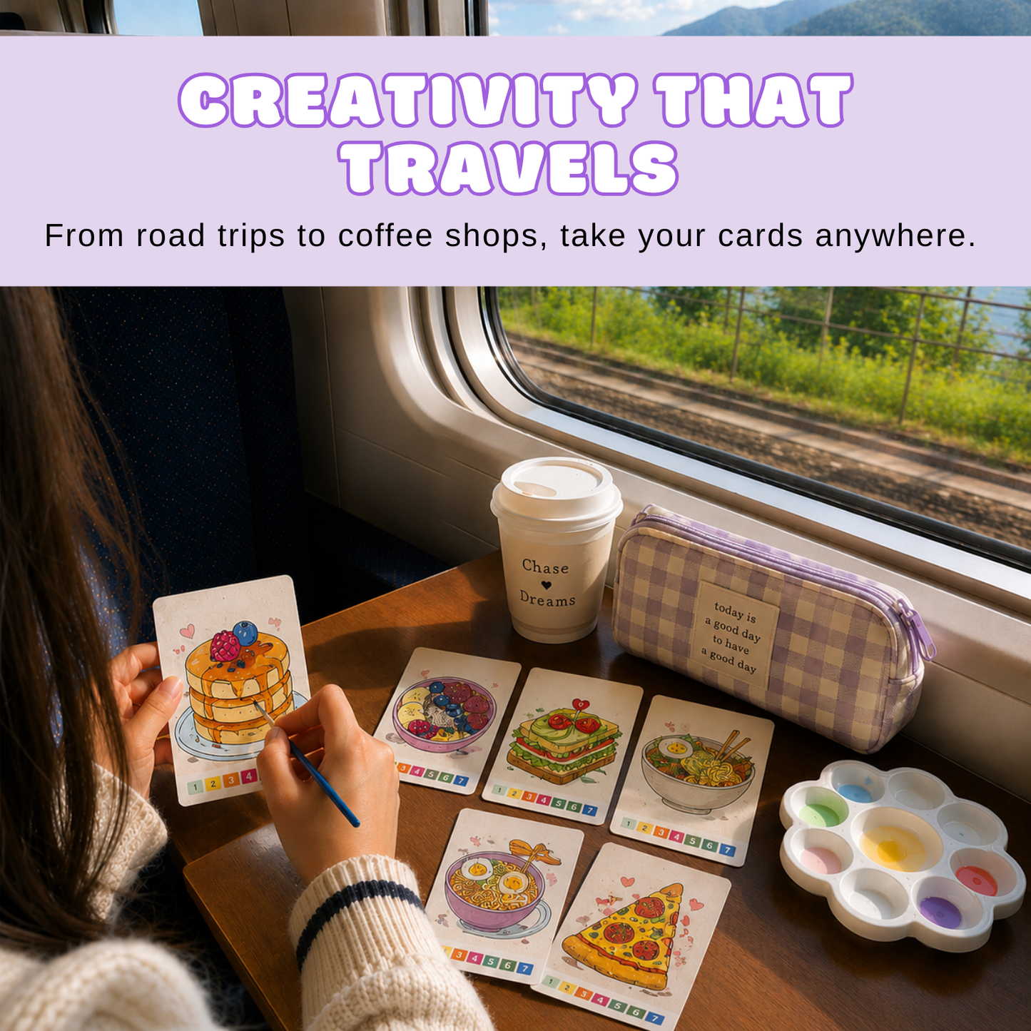Portable paint by number cards used during travel, creative painting activity for road trips, cafés and relaxing moments