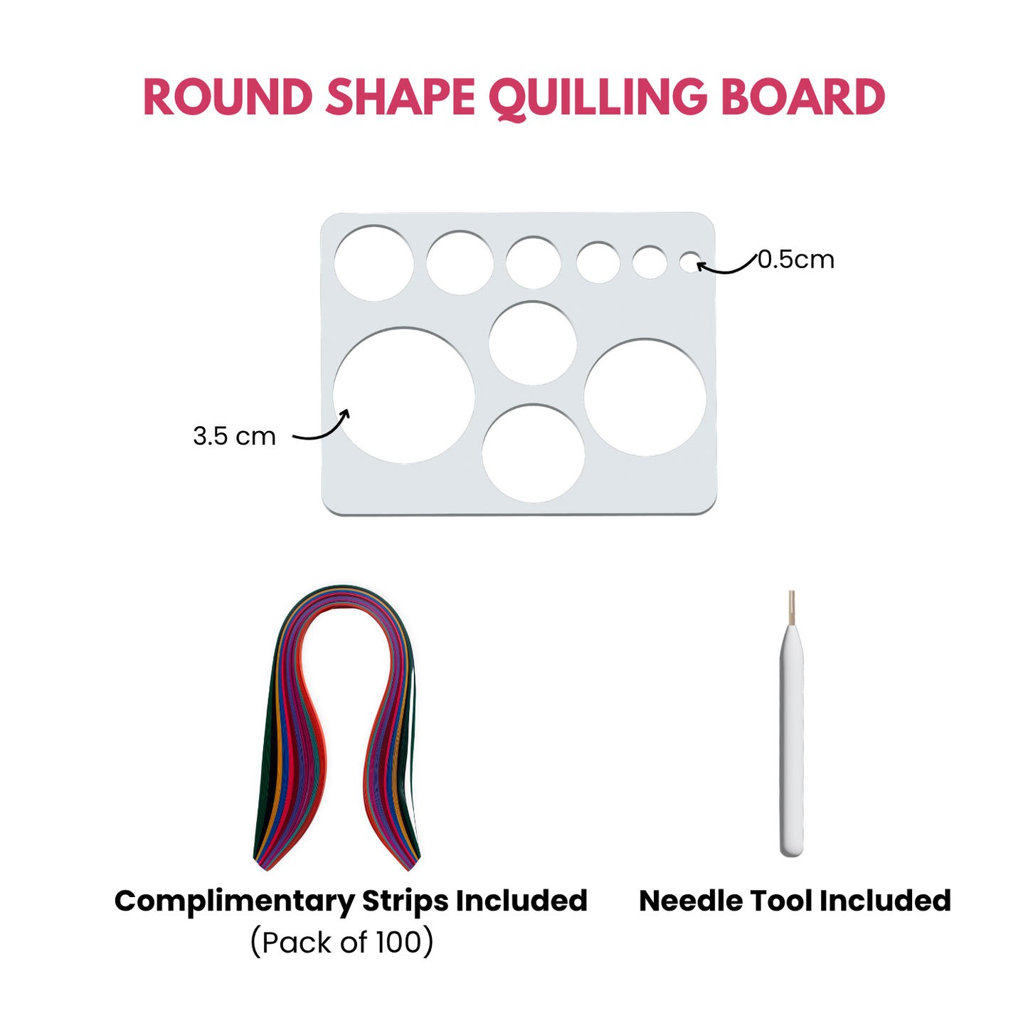 quilling board of round shape with complimentary strips and needle tool 