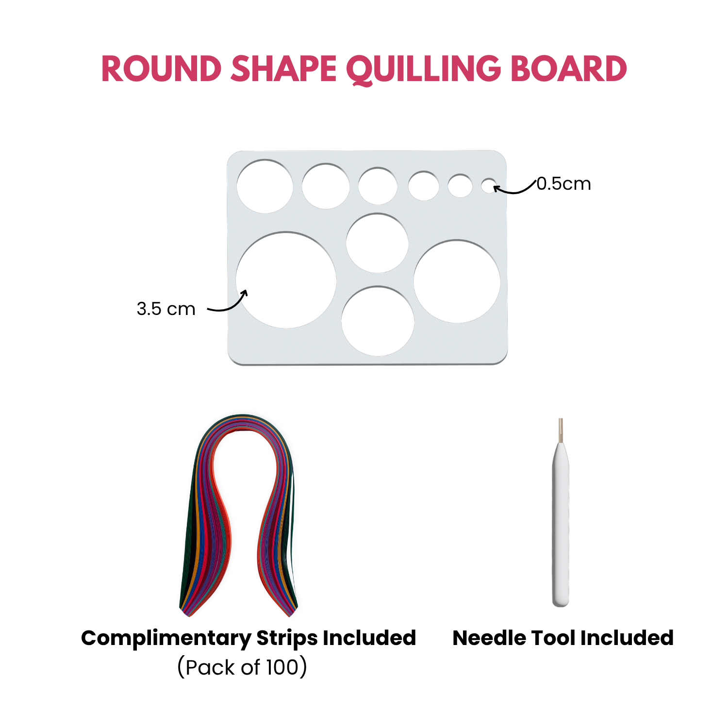 quilling board of round shape with complimentary strips and needle tool 