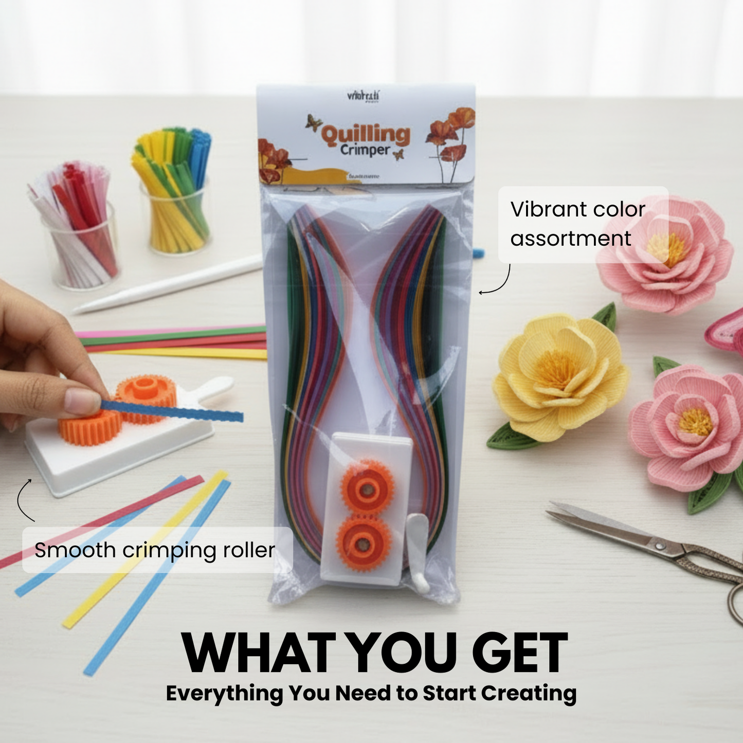 Quilling kit with colorful strips, crimping roller
