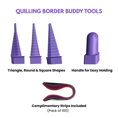 Quilling border buddy tools with triangle, round, and square shapes with paper strips
