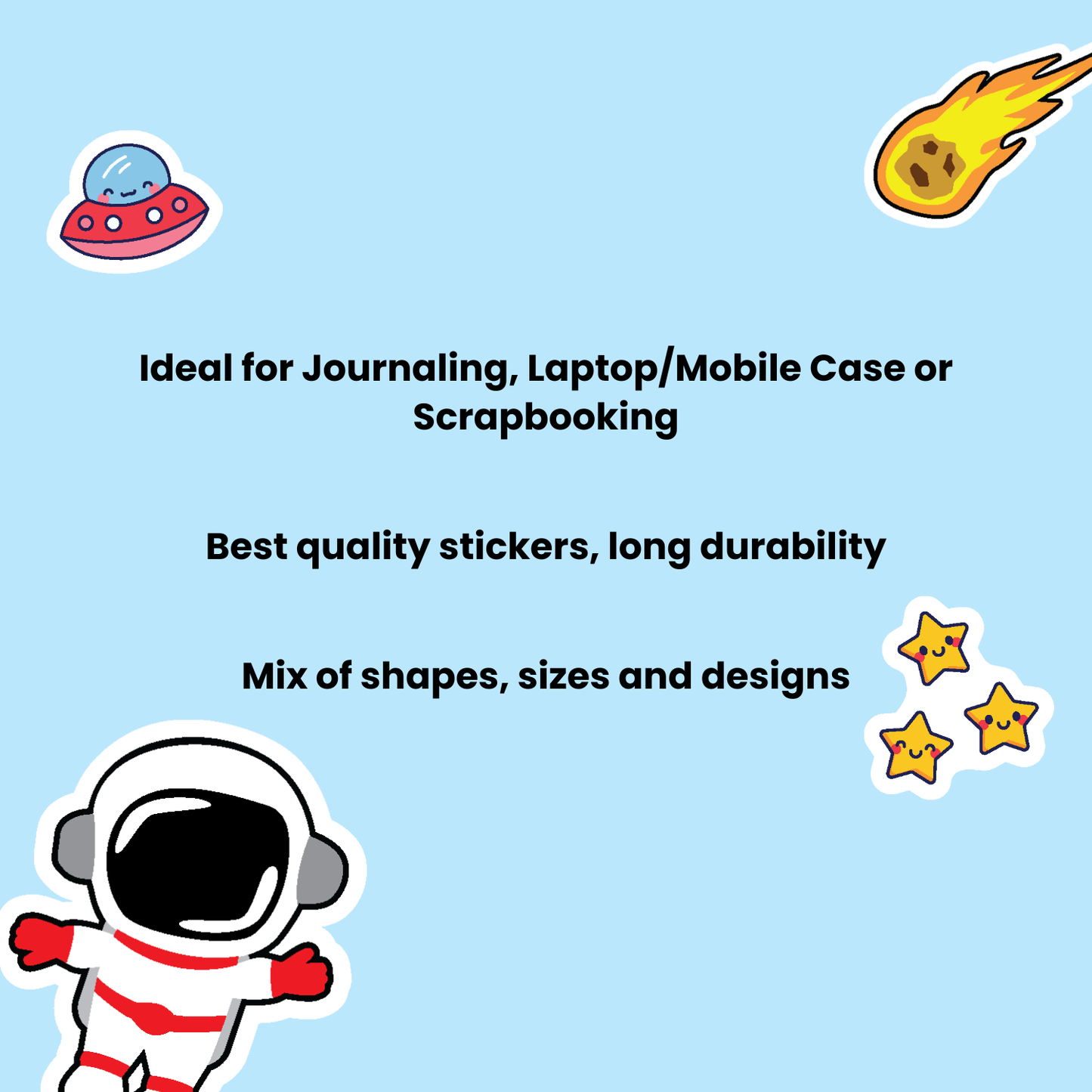 Promotional text for stickers suitable for journaling, laptop/mobile case, or scrapbooking on a blue background with space-themed stickers.