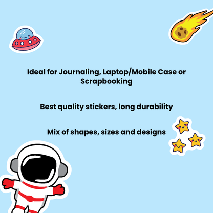 Promotional text for stickers suitable for journaling, laptop/mobile case, or scrapbooking on a blue background with space-themed stickers.