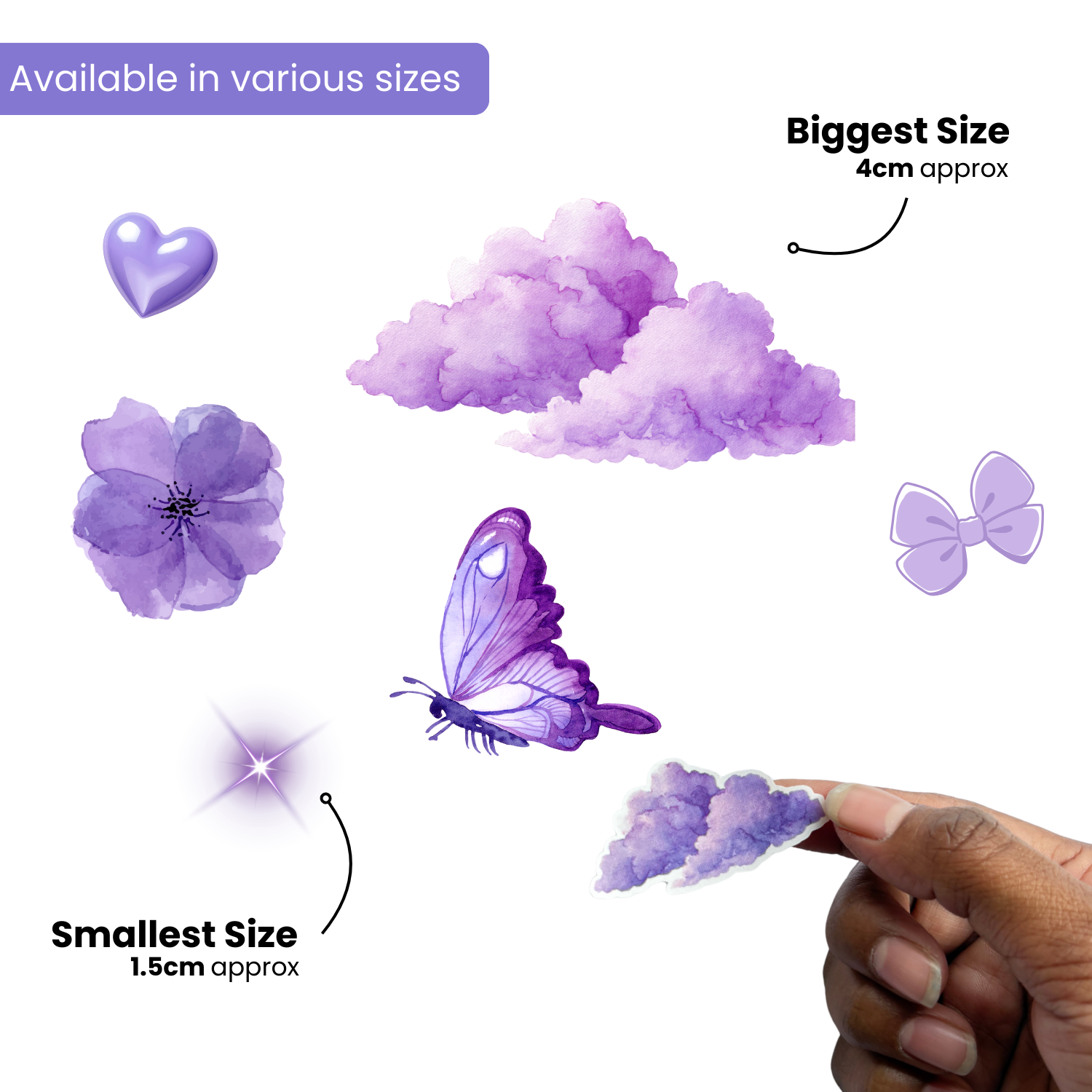 Purple decorative items of various sizes with a hand holding the smallest item, on a white background.